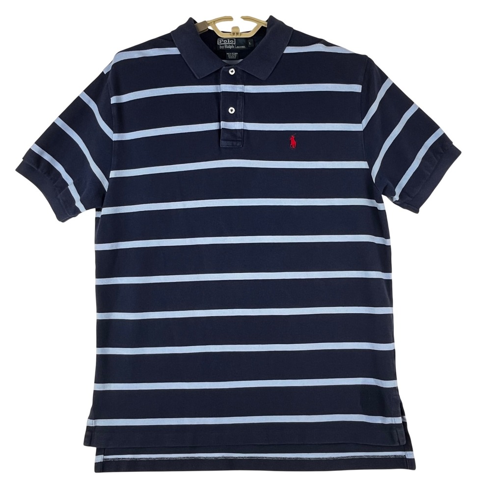Polo Ralph Lauren Polo Shirt Mens Large (L) Navy Blue Striped Short Sleeve Pony